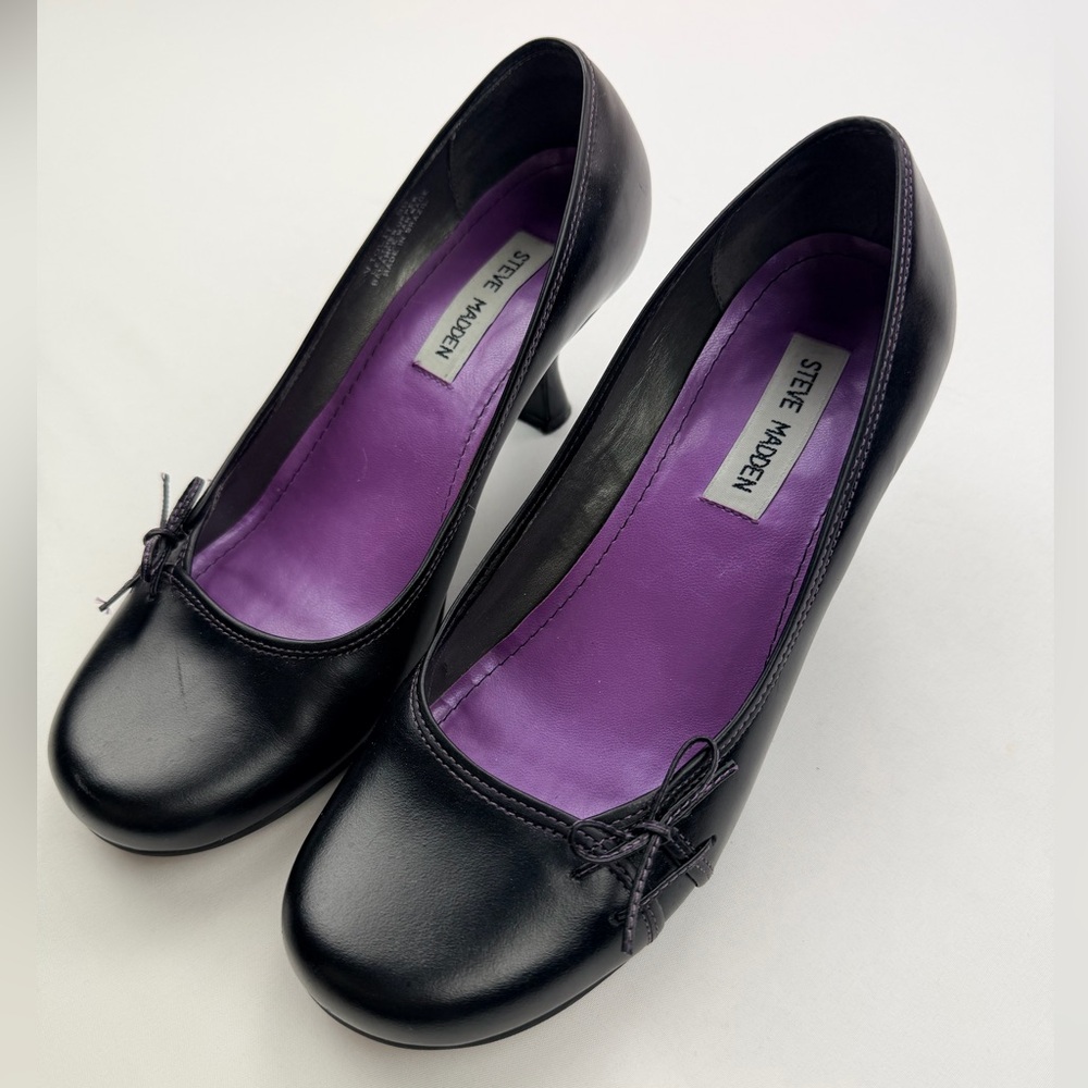 Steve Madden Volit Black Leather Kitten Heel Pumps Bow Detail Size 8B - Picture 4 of 10